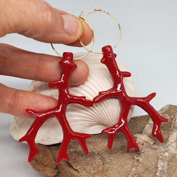 Anthro 14kt Gold plated Hoop Earrings/Studs Red Coral Branch - Picture 1 of 10